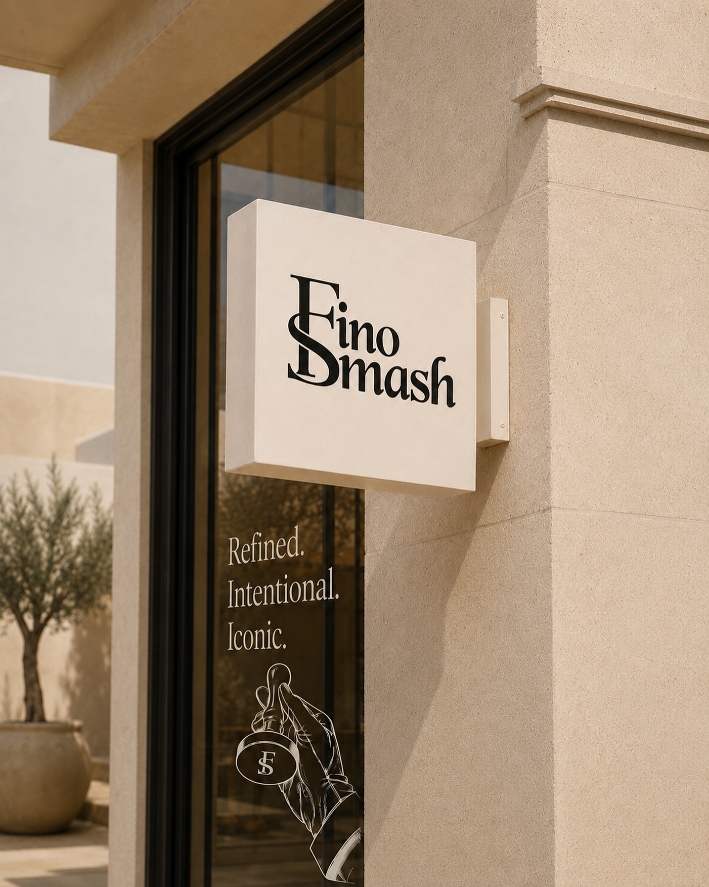 FinoSmash storefront: a cream projecting sign with the FinoSmash wordmark on a stone facade, window vinyl reading Refined. Intentional. Iconic.